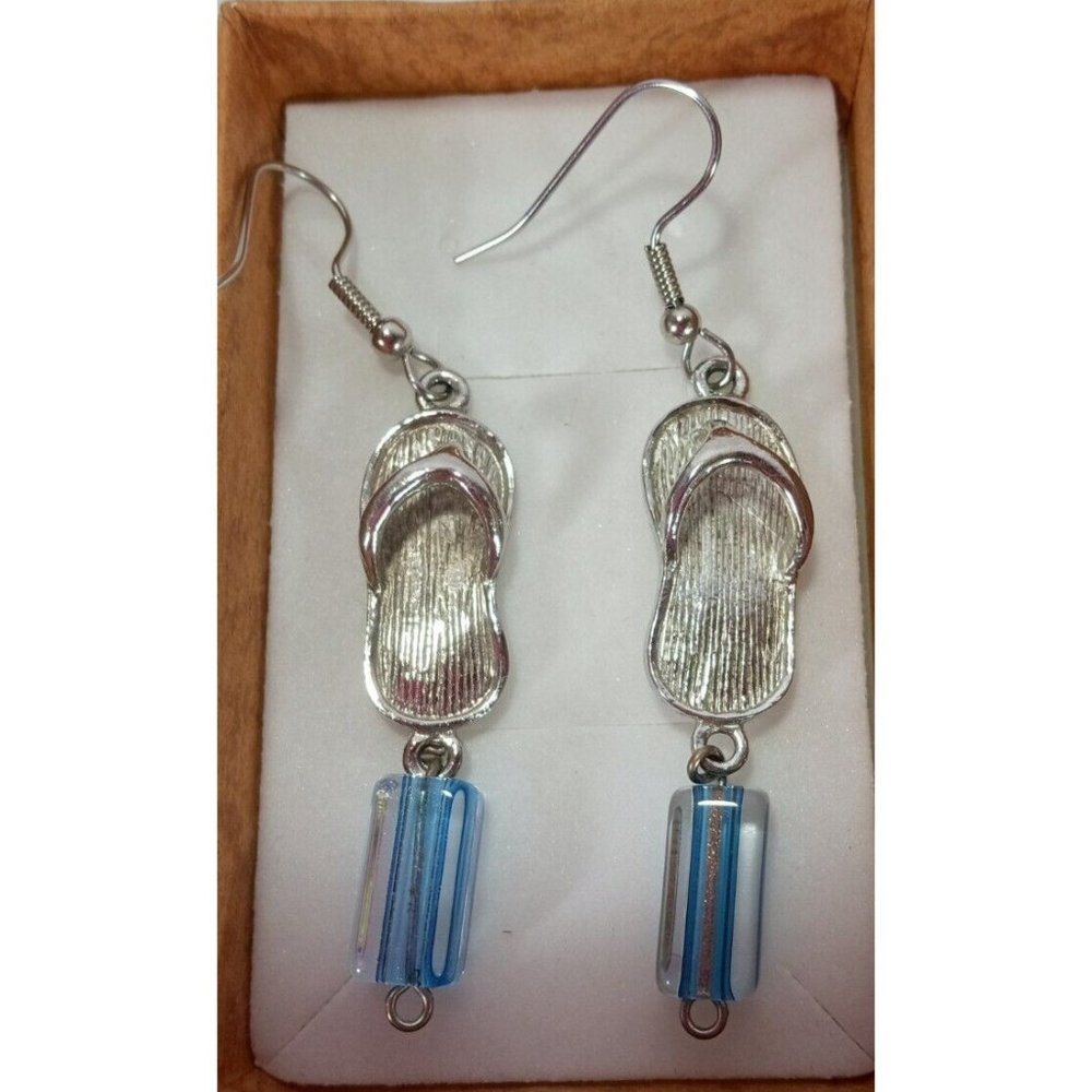 Flip Flop Sandal Bead Summer Silver Tone Hook Dangle Drop Earrings